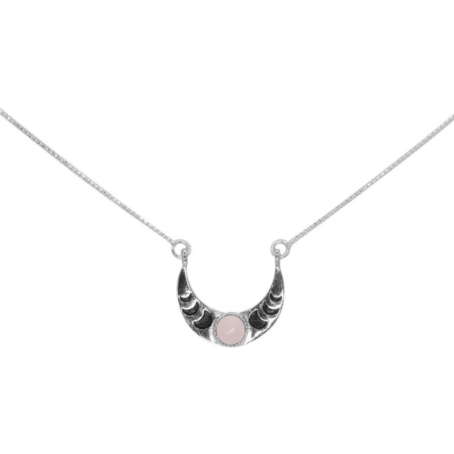 Joyas De Plata Marca DJOYAS Collares De Piedra | Collar De Plata 925 Media Luna Con Piedra De Cuarzo Rosa