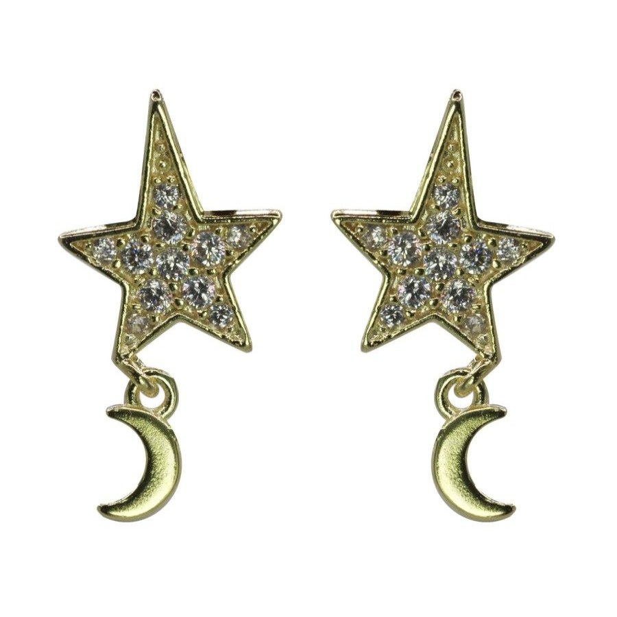 Joyas Enchapadas Marca DJOYAS Enchapado En Oro | Aros Enchapados En Oro Estrellas Circon Con Luna