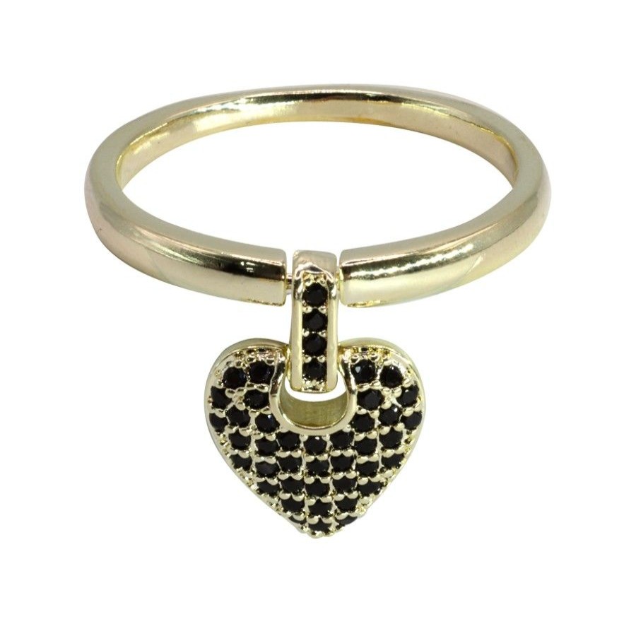 Joyas Enchapadas BLACK | Anillo Enchapado En Oro Corazon Colgante Circon Negro