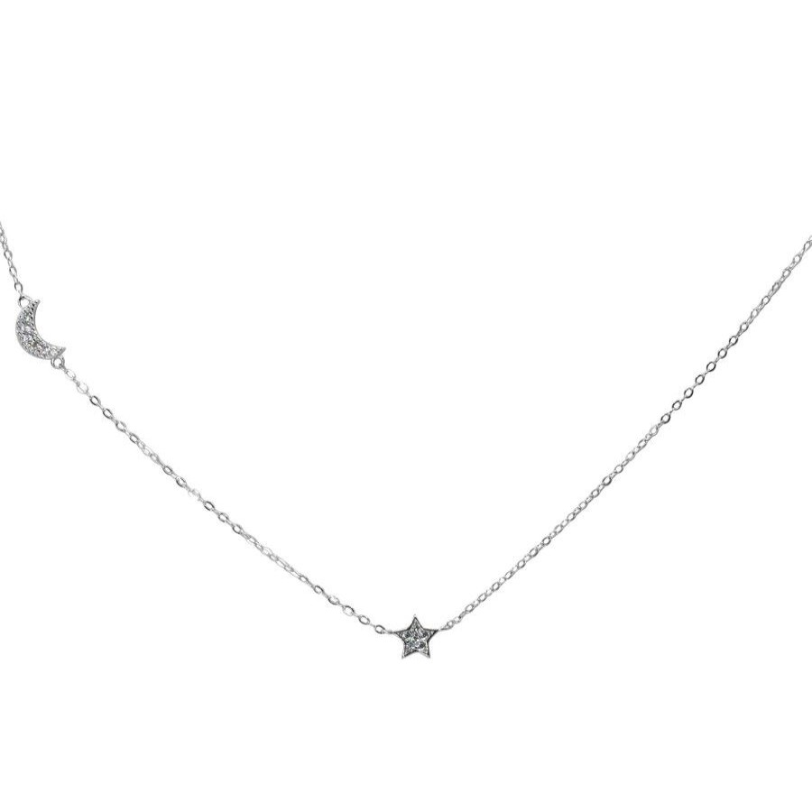 Joyas De Plata Marca DJOYAS Collares Con Circon | Collar De Plata 925 Luna Y Estrella Con Circones Rodinados