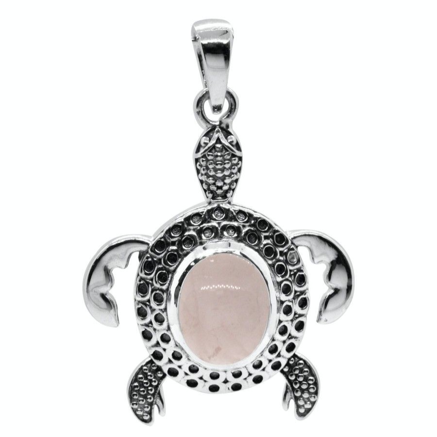 Joyas De Plata BLACK Colgante Piedra Natural | Colgante Tortuga Con Piedra Cuarzo Rosa