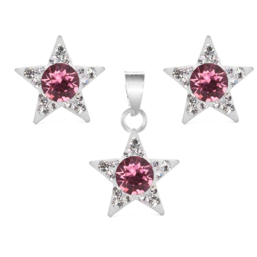 Joyas De Plata Marca DJOYAS | Conjunto De Plata 925 Strass Rosa De Estrellas