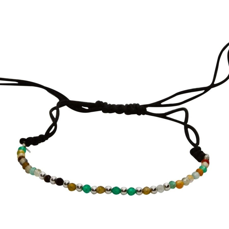 Joyas De Plata BLACK Pulsera Macrame Hilo | Pulsera Hilo Negro Con Agatas Colores