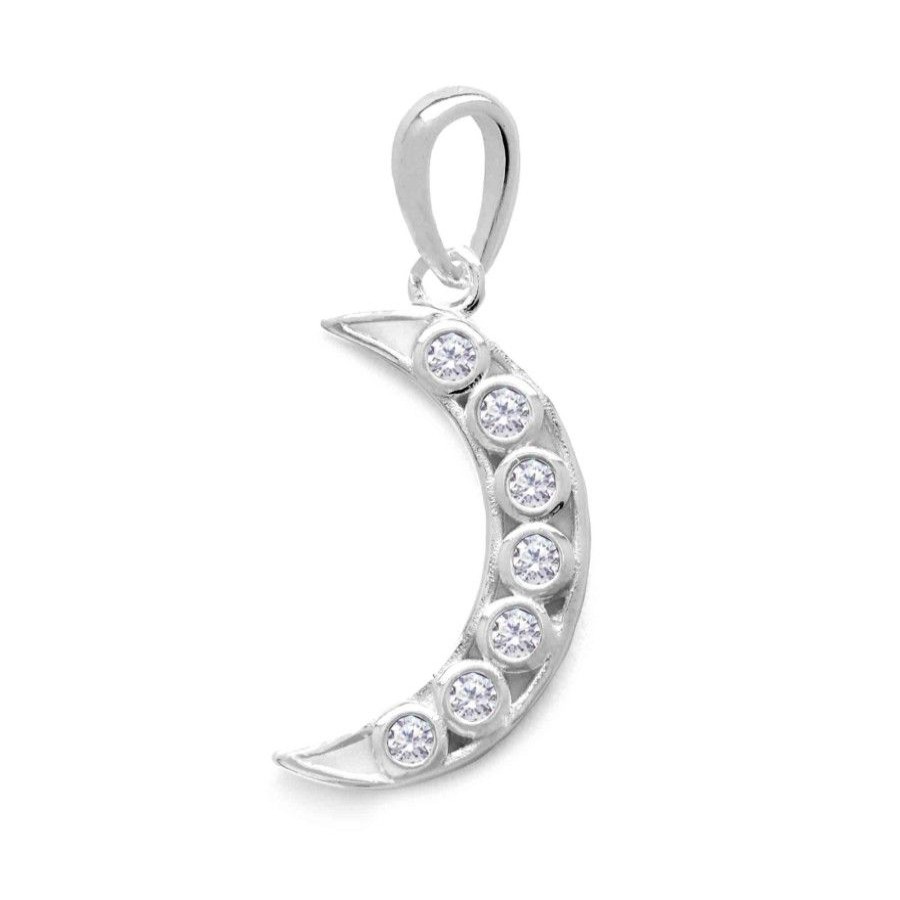 Joyas De Plata Marca DJOYAS Colgante Plata Lisa | Colgante De Plata 925 Media Luna Con Hilera De Circones