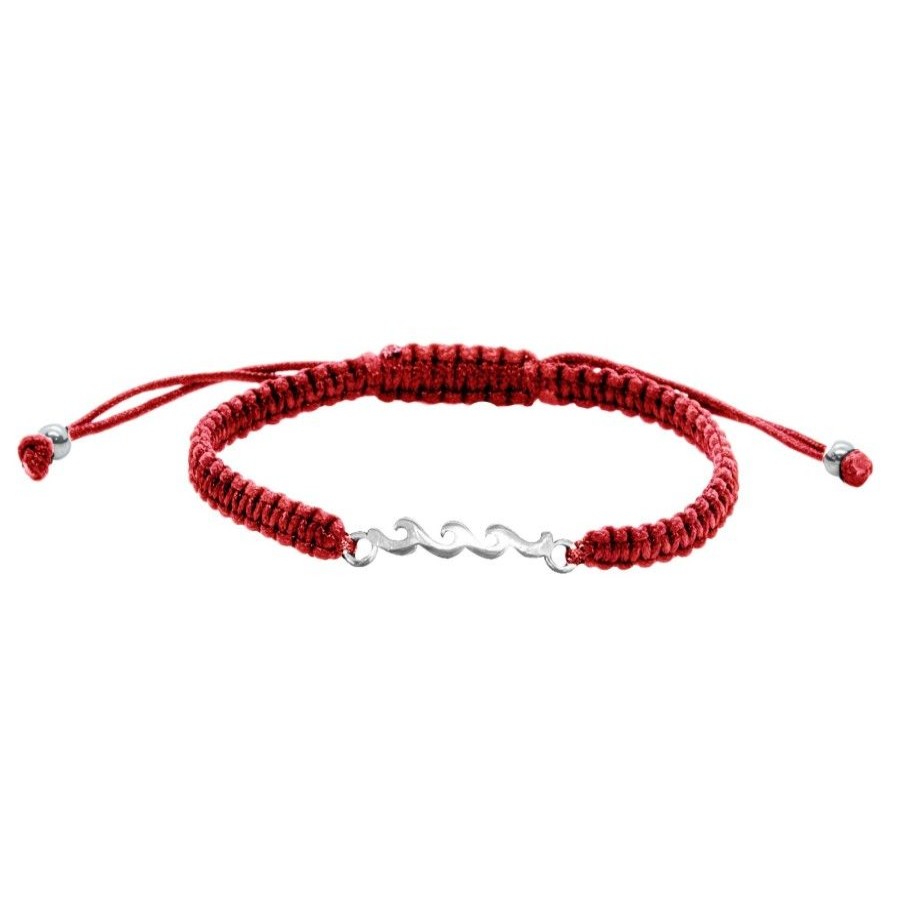 Joyas De Plata Marca DJOYAS Pulsera Macrame Hilo | Pulsera De Plata 925 Macrame Roja Con Oleaje