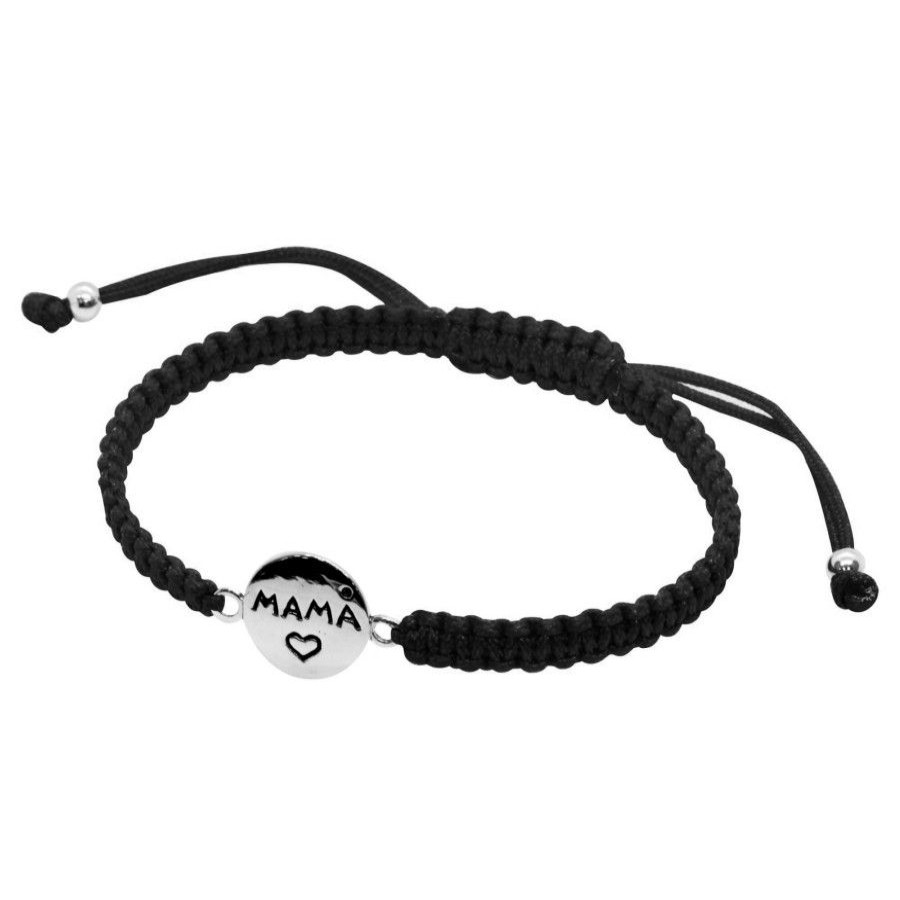 Joyas De Plata BLACK Pulsera Macrame Hilo | Pulsera De Plata 925 Macrame Negra Placa "Mama"