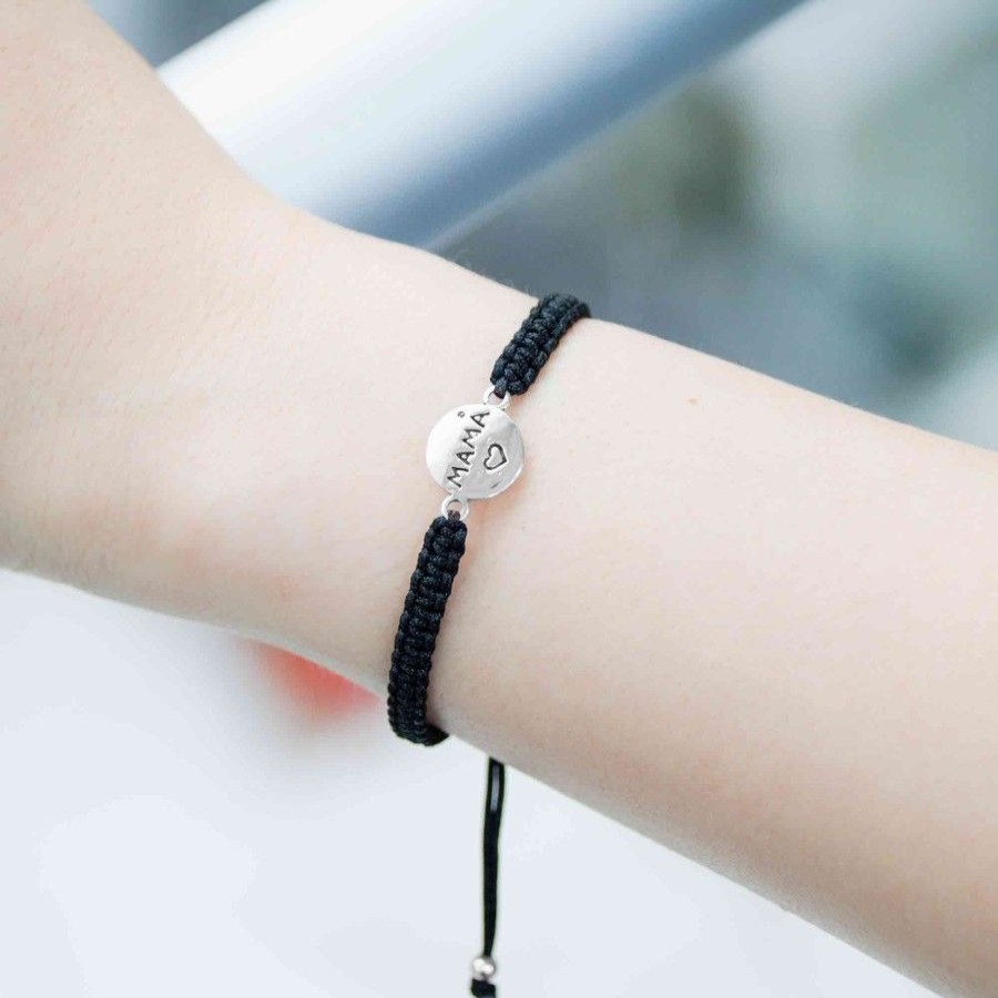 Joyas De Plata BLACK Pulsera Macrame Hilo | Pulsera De Plata 925 Macrame Negra Placa "Mama"