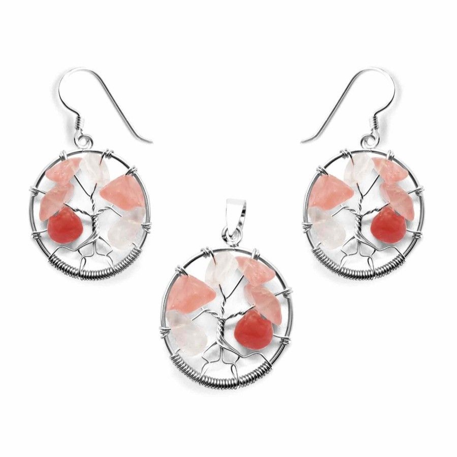 Joyas De Plata Marca DJOYAS | Conjunto De Plata 925 Arbol De La Vida Con Agatas Tonos Rosa