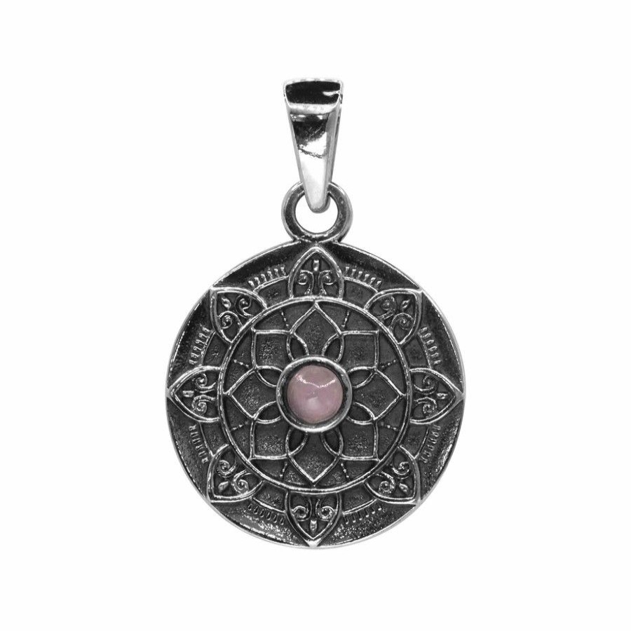 Joyas De Plata BLACK Colgante Piedra Natural | Colgante De Plata 925 Medallita Mandala Con Piedra De Cuarzo Rosa