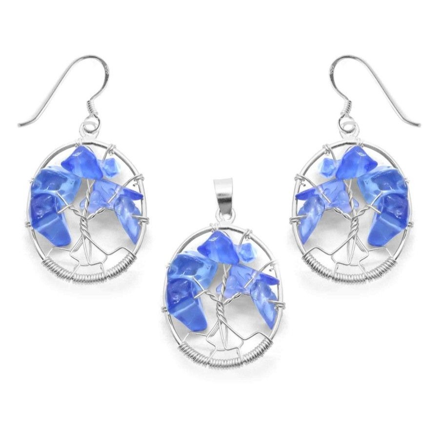 Joyas De Plata Marca DJOYAS | Conjunto De Plata 925 Arbol De La Vida Con Cuarzo Azul