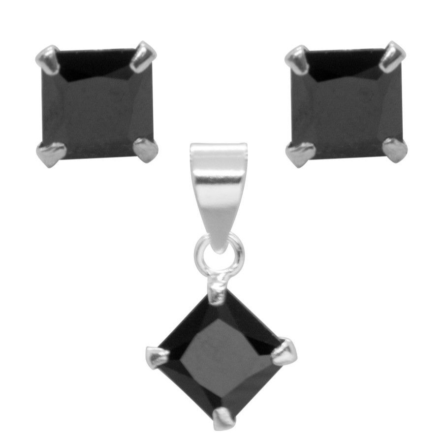 Joyas De Plata Marca DJOYAS | Conjunto Con Circon Negro 6 Mm