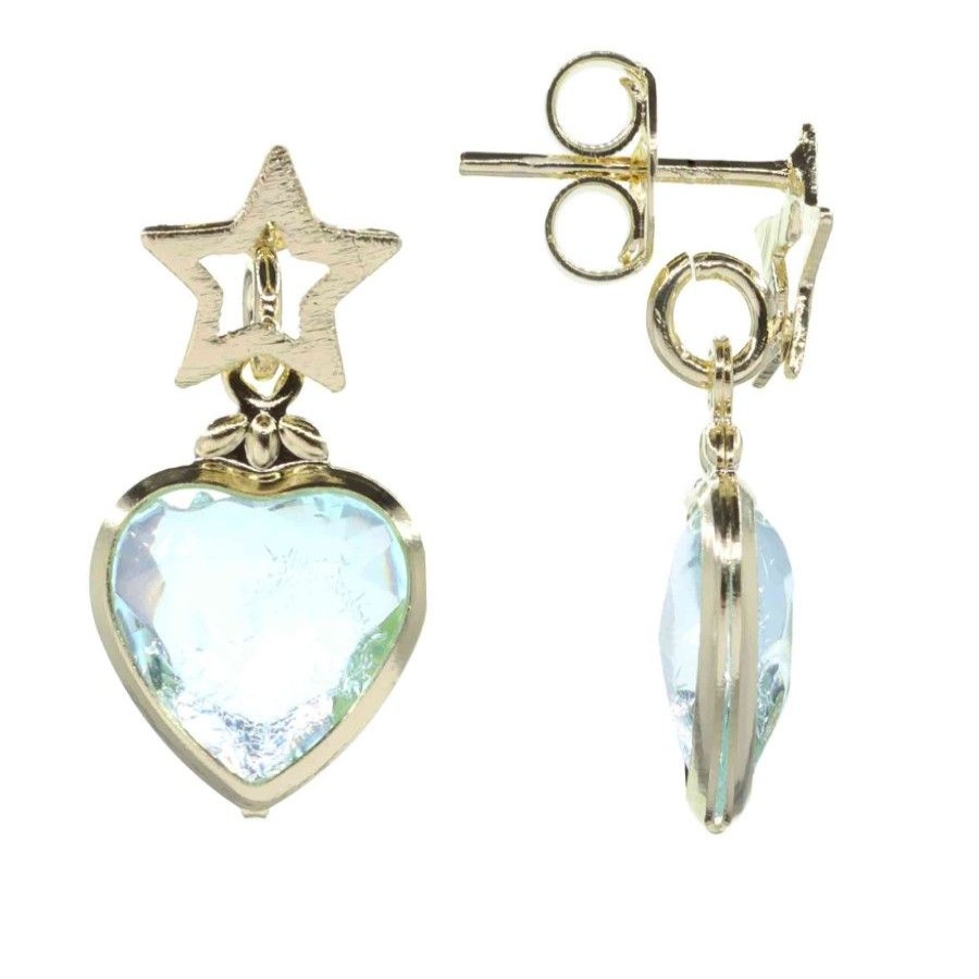 Joyas Enchapadas Marca DJOYAS Enchapado En Oro | Aros Enchapados En Oro Estrellas Corazon Con Cristal Verde Agua