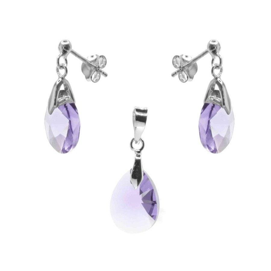 Joyas De Plata Marca DJOYAS | Conjunto De Plata 925 Swarovski Elements Gotas Lavanda