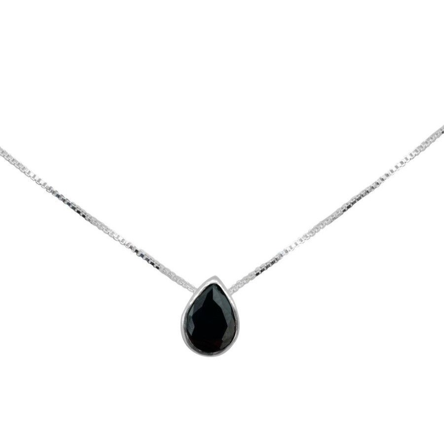 Joyas De Plata Marca DJOYAS Collares Con Circon | Collar De Plata 925 Punto De Luz Gota Negro 10 Mm 50 Cm