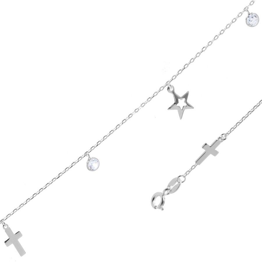 Joyas De Plata Marca DJOYAS Pulsera Con Circon | Pulsera De Plata 925 Pulsera Cruz Estrella Con Circon