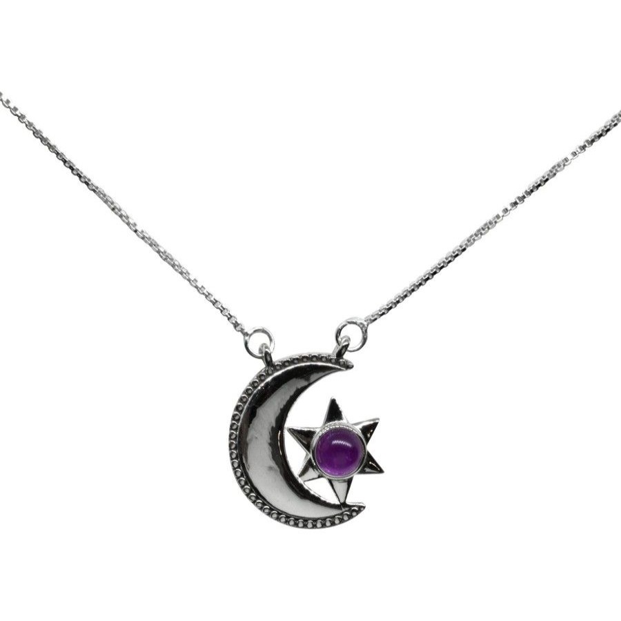 Joyas De Plata BLACK Collares De Piedra | Collar De Plata 925 Luna Y Estrella Con Piedra Amatista