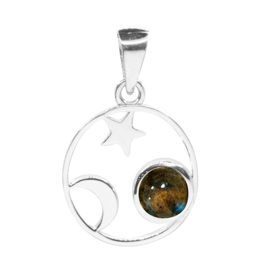 Joyas De Plata BLACK Colgante Piedra Natural | Colgante De Plata 925 Lunas Y Estrellas Con Piedra Labradorita