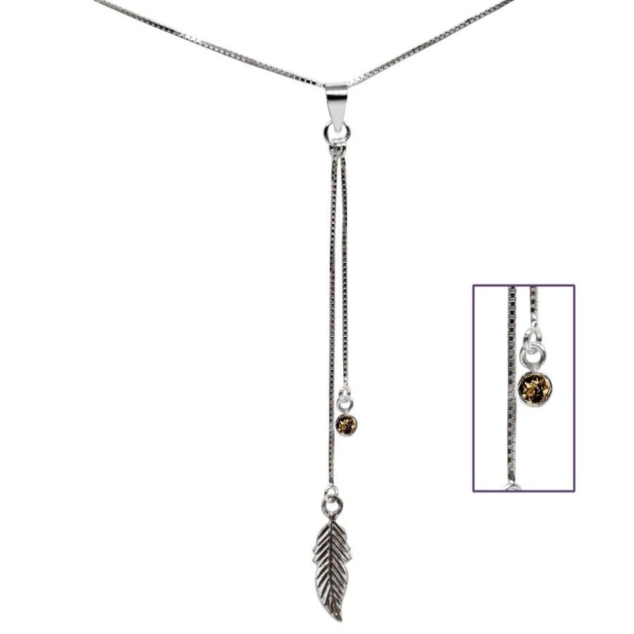 Joyas De Plata DistribuidoraDeJoyas.cl Collares Con Circon | Collar Pluma Colgante Circon Topacio