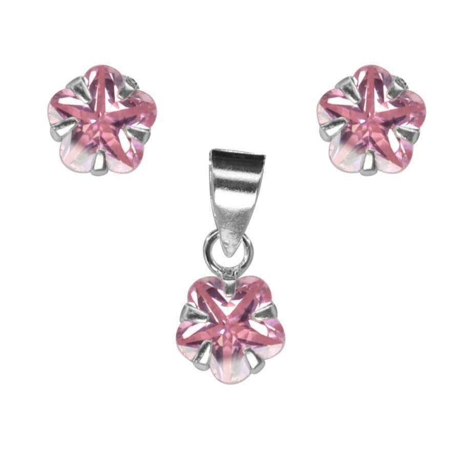 Joyas De Plata Marca DJOYAS | Conjunto De Plata 925 Flores De Circon Rosa