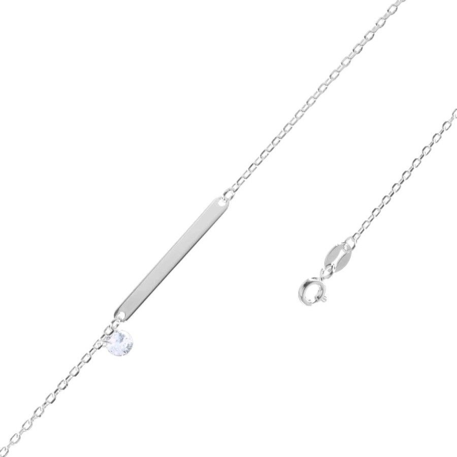 Joyas De Plata Marca DJOYAS Pulsera Con Circon | Pulsera De Plata 925 Placa Lisa Con Pequeno Circon