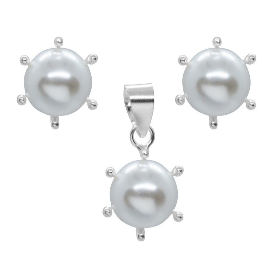 Joyas De Plata Marca DJOYAS | Conjunto De Plata 925 Perla Con Pistilo 8 Mm