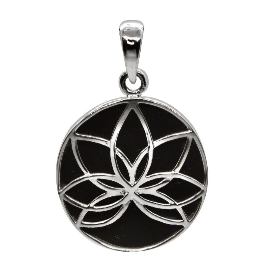 Joyas De Plata BLACK Colgantes Lapidado | Colgante Flor De Loto Con Piedra Onix