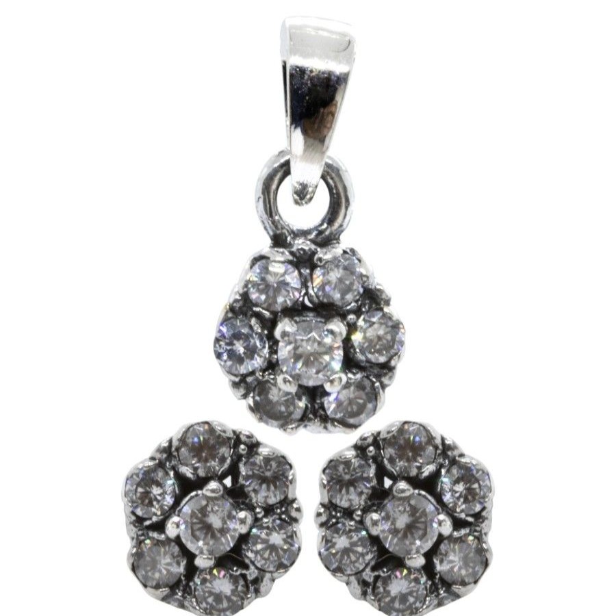 Joyas De Plata Marca DJOYAS | Conjunto De Plata 925 Flor Con Circones