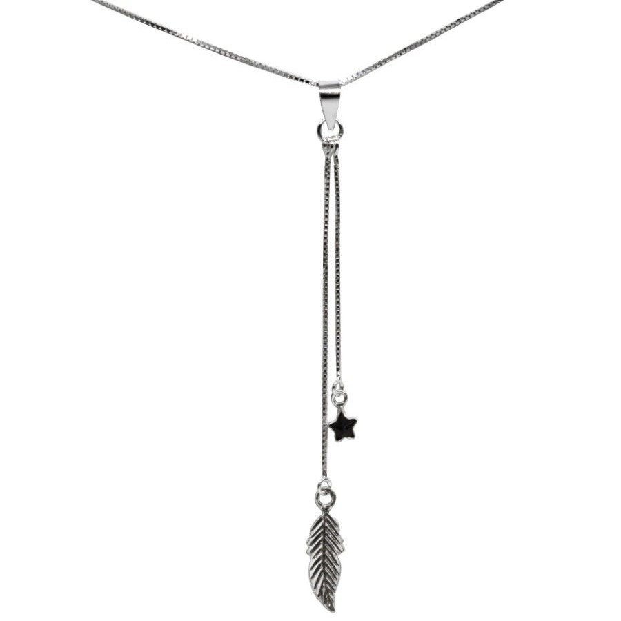 Joyas De Plata BLACK Collares Con Circon | Collar Pluma Y Estrella Circon Onix