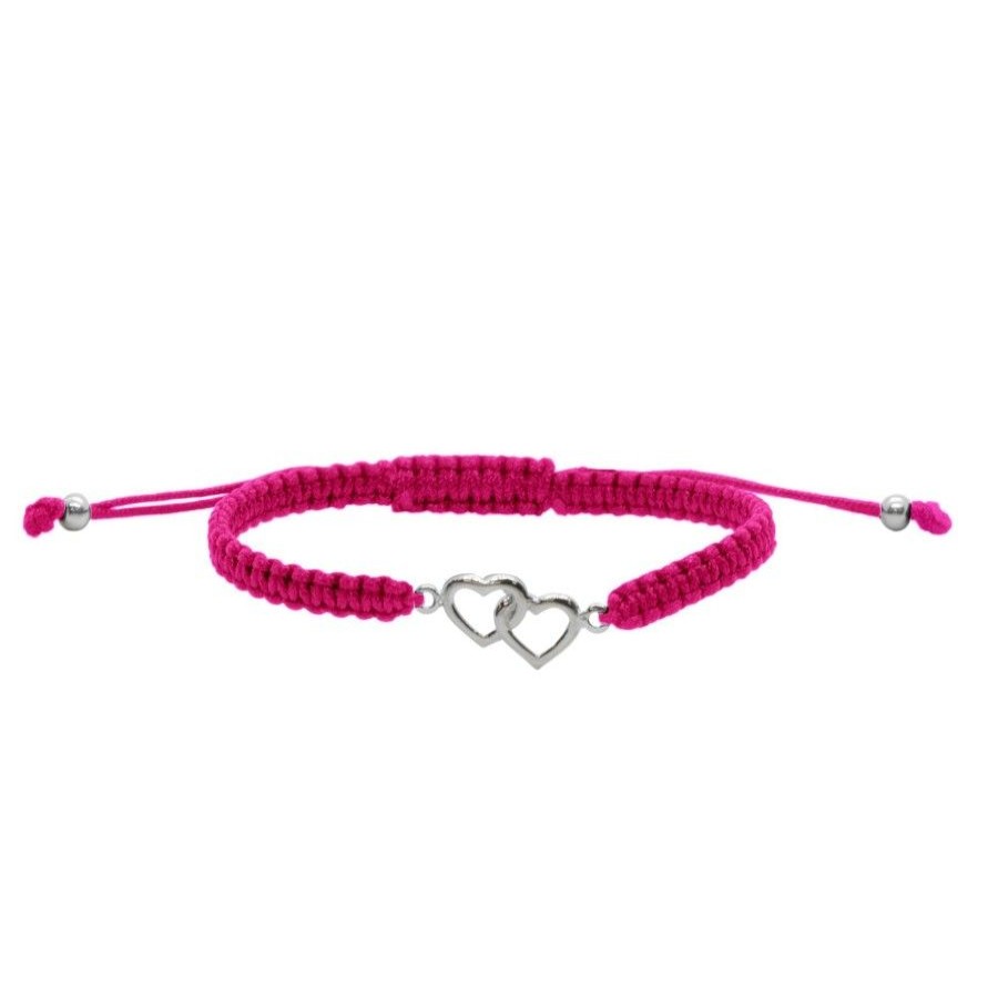 Joyas De Plata Marca DJOYAS Pulsera Macrame Hilo | Pulsera De Plata 925 Macrame Fucsia Corazones