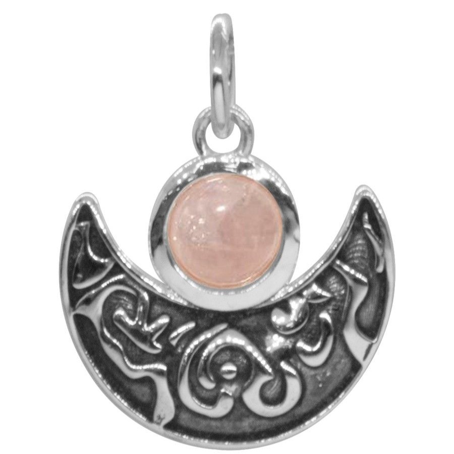 Joyas De Plata BLACK Colgante Piedra Natural | Colgante Luna Con Piedra De Cuarzo Rosa