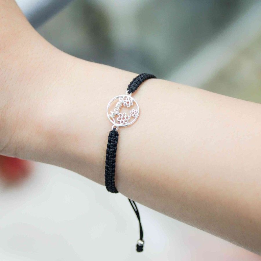 Joyas De Plata BLACK Pulsera Macrame Hilo | Pulsera De Plata 925 Macrame Negro Mama