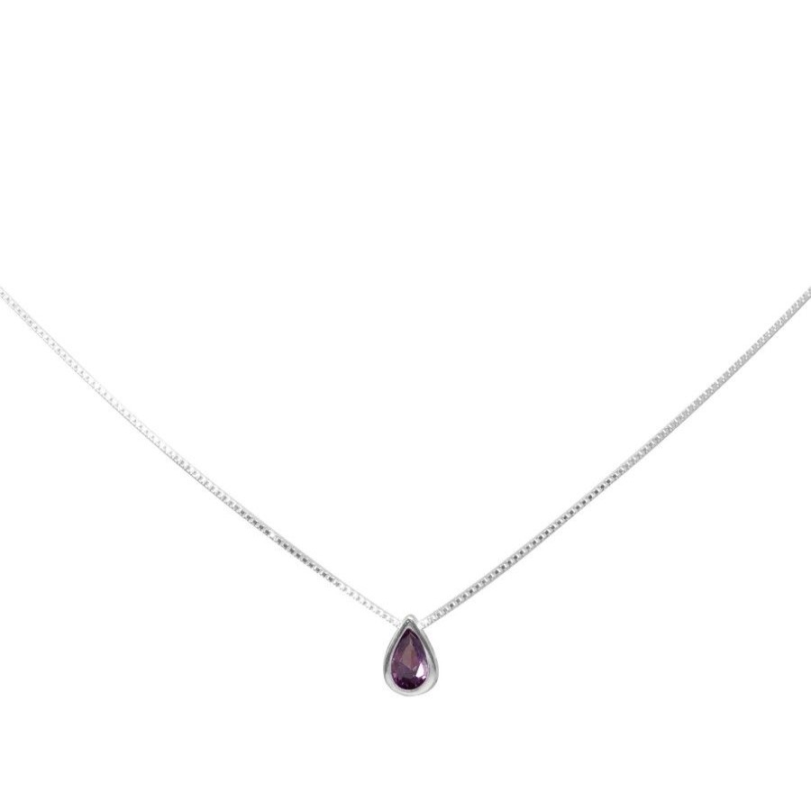 Joyas De Plata Marca DJOYAS Collares Con Circon | Collar De Plata 925 Punto De Luz Gota Morado 45 Cm