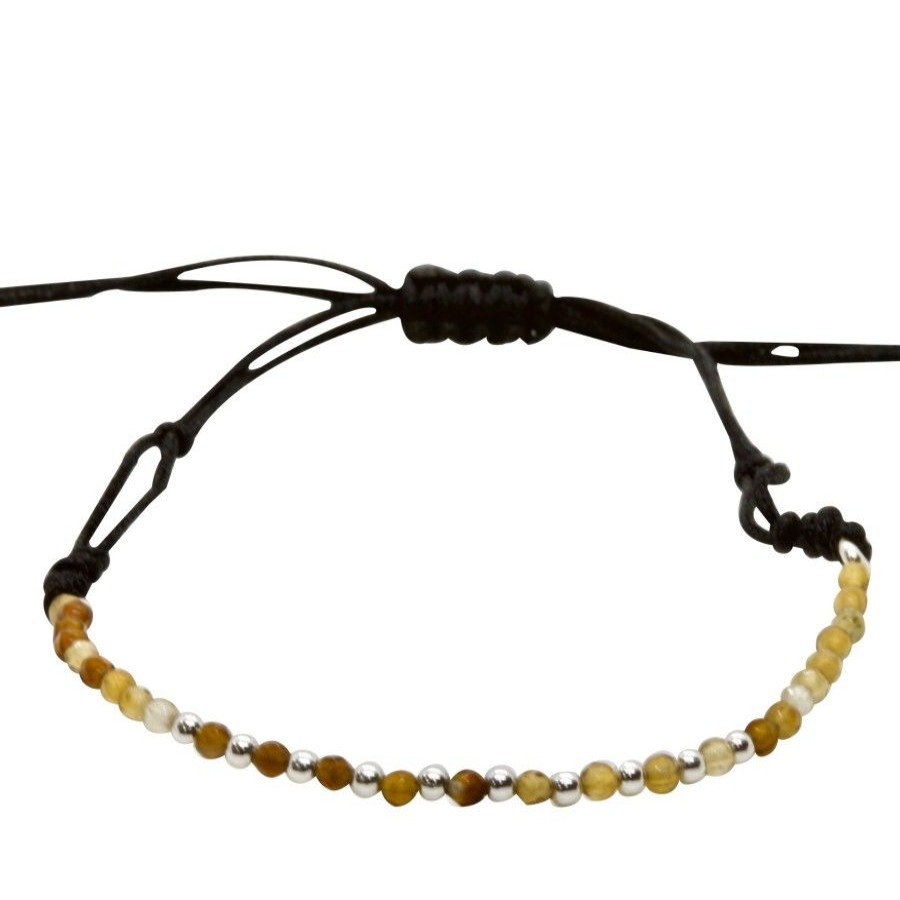 Joyas De Plata BLACK Pulsera Macrame Hilo | Pulsera Hilo Negro Con Agatas Tonos Cafe Claro