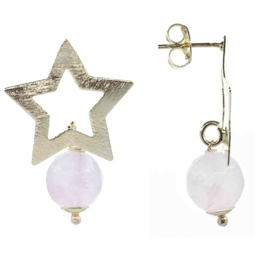 Joyas Enchapadas Marca DJOYAS Enchapado En Oro | Aros Enchapados En Oro Estrellas Satinadas Con Cuarzo Rosa