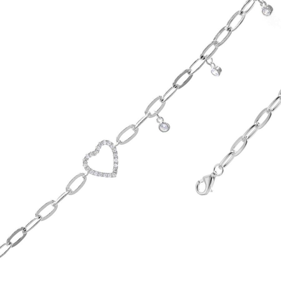 Joyas De Plata Marca DJOYAS Pulsera Con Circon | Pulsera De Plata 925 Eslabon Grande Con Corazon De Circones