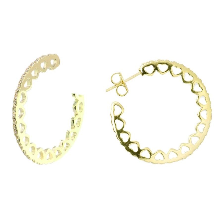 Joyas Enchapadas Marca DJOYAS Enchapado En Oro | Aros Enchapados En Oro Argollas Corazon Con Circones 30 Mm