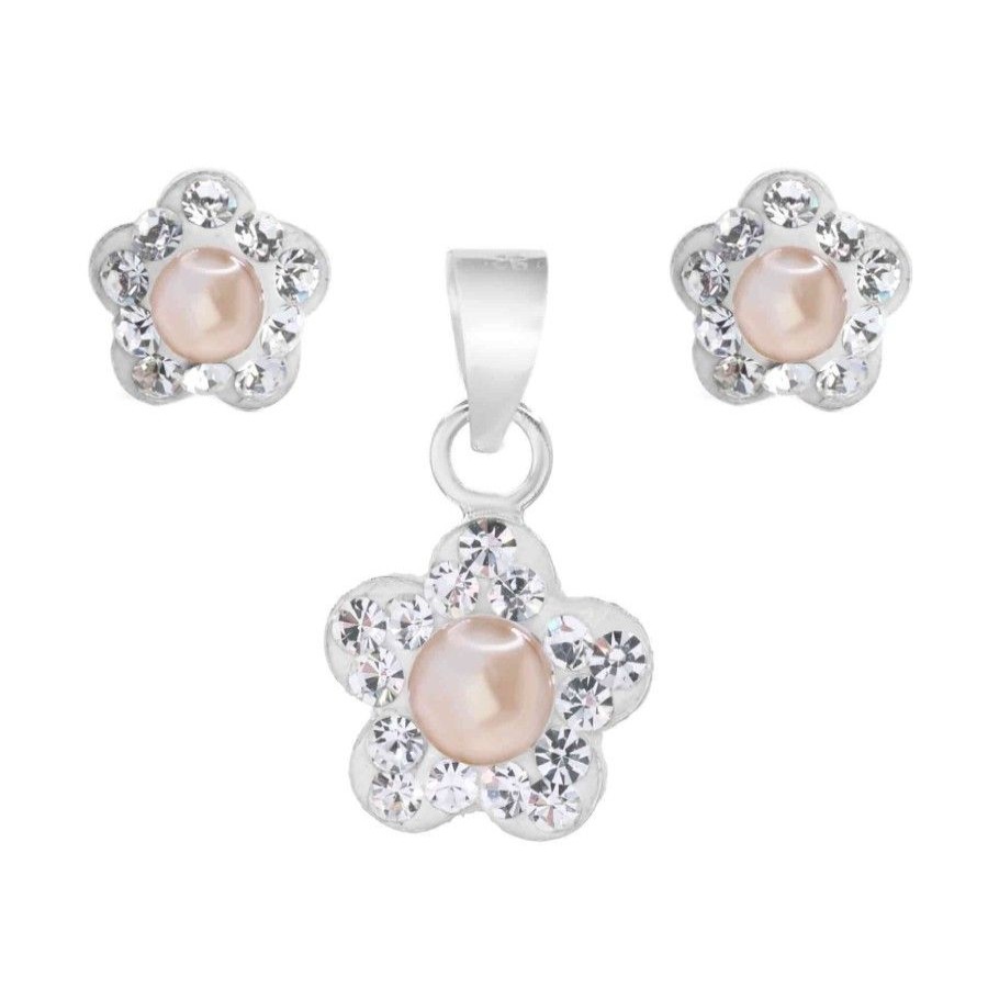 Joyas De Plata Marca DJOYAS | Conjunto De Plata 925 Strass De Flores Perlas Nut