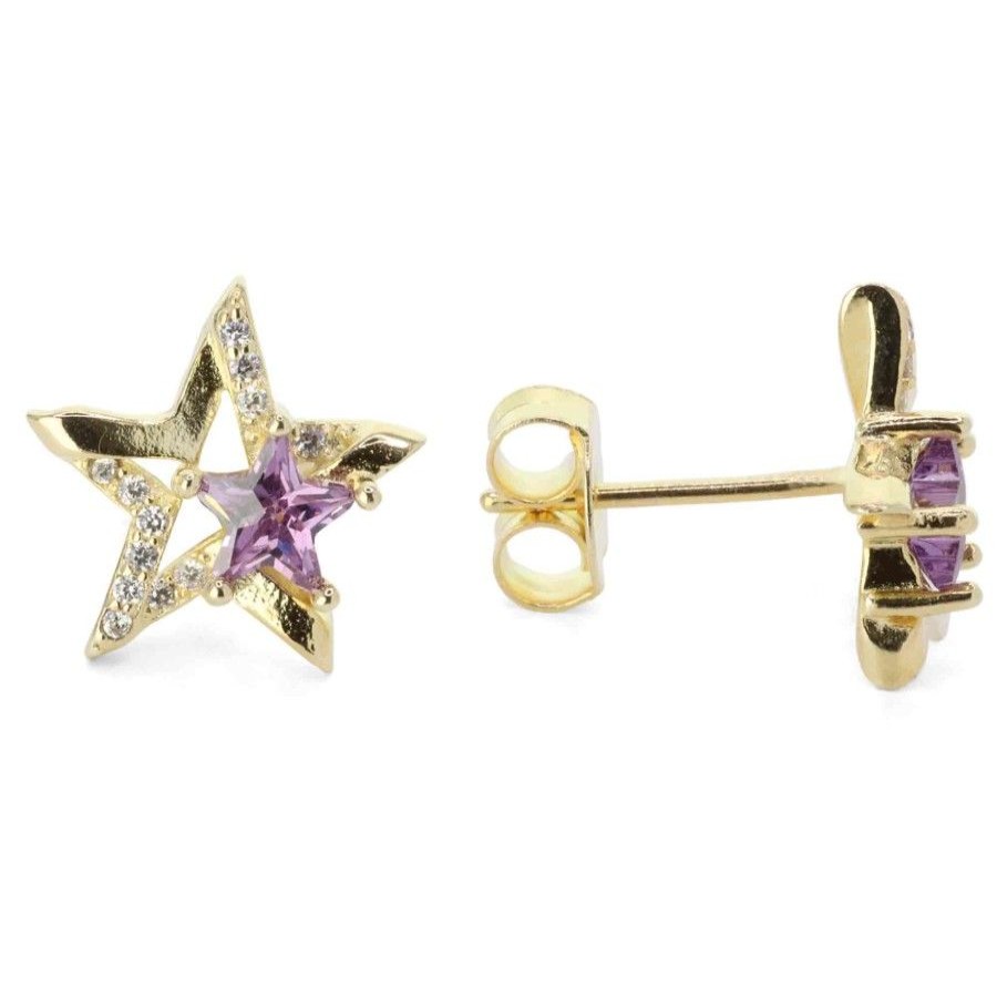 Joyas Enchapadas Marca DJOYAS Enchapado En Oro | Aros Enchapados En Oro Estrellas Con Circones Lavanda